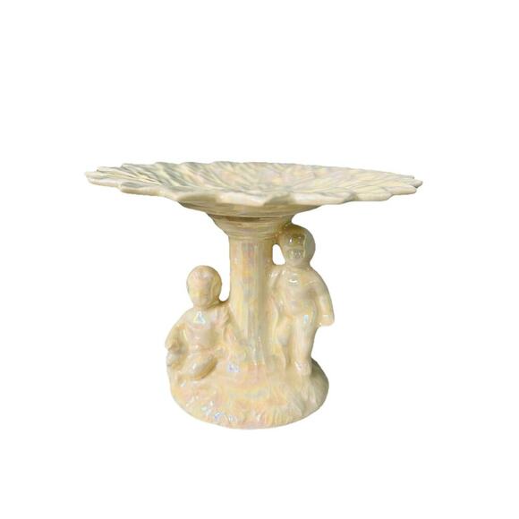 Vintage Soap Dish Iridescent Pearl White 2 Children Glazed Pedestal Holder - Picture 1 of 11